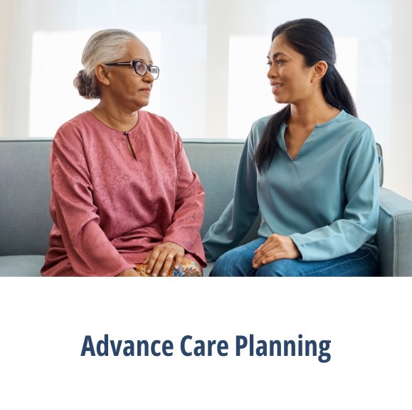 A patient and a patient partner sitting together on a couch and the Advance Care Planning button.